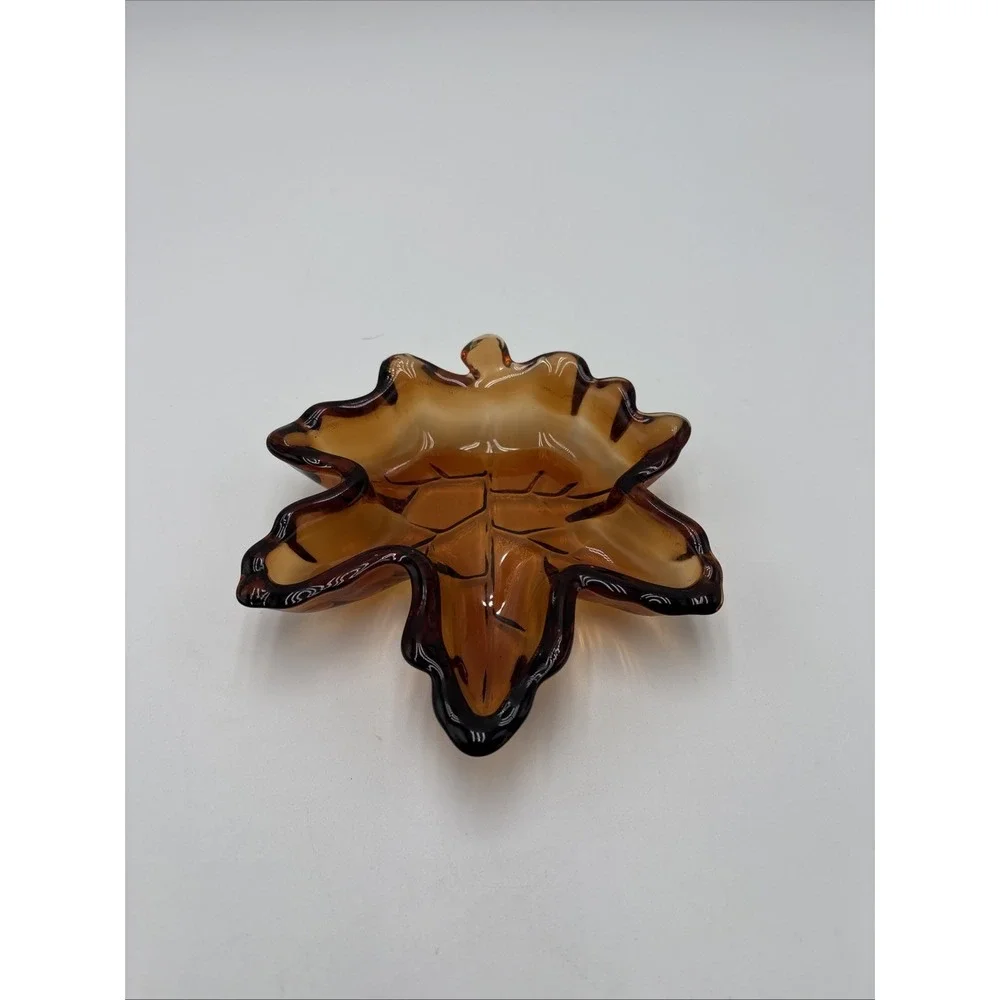 Vintage Amber Glass Leaf Trinket Dish Autumn Décor Ashtray Excellent‎